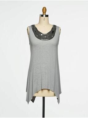Cache Gray Sleeveless Top with Embellished Neckline, Size M